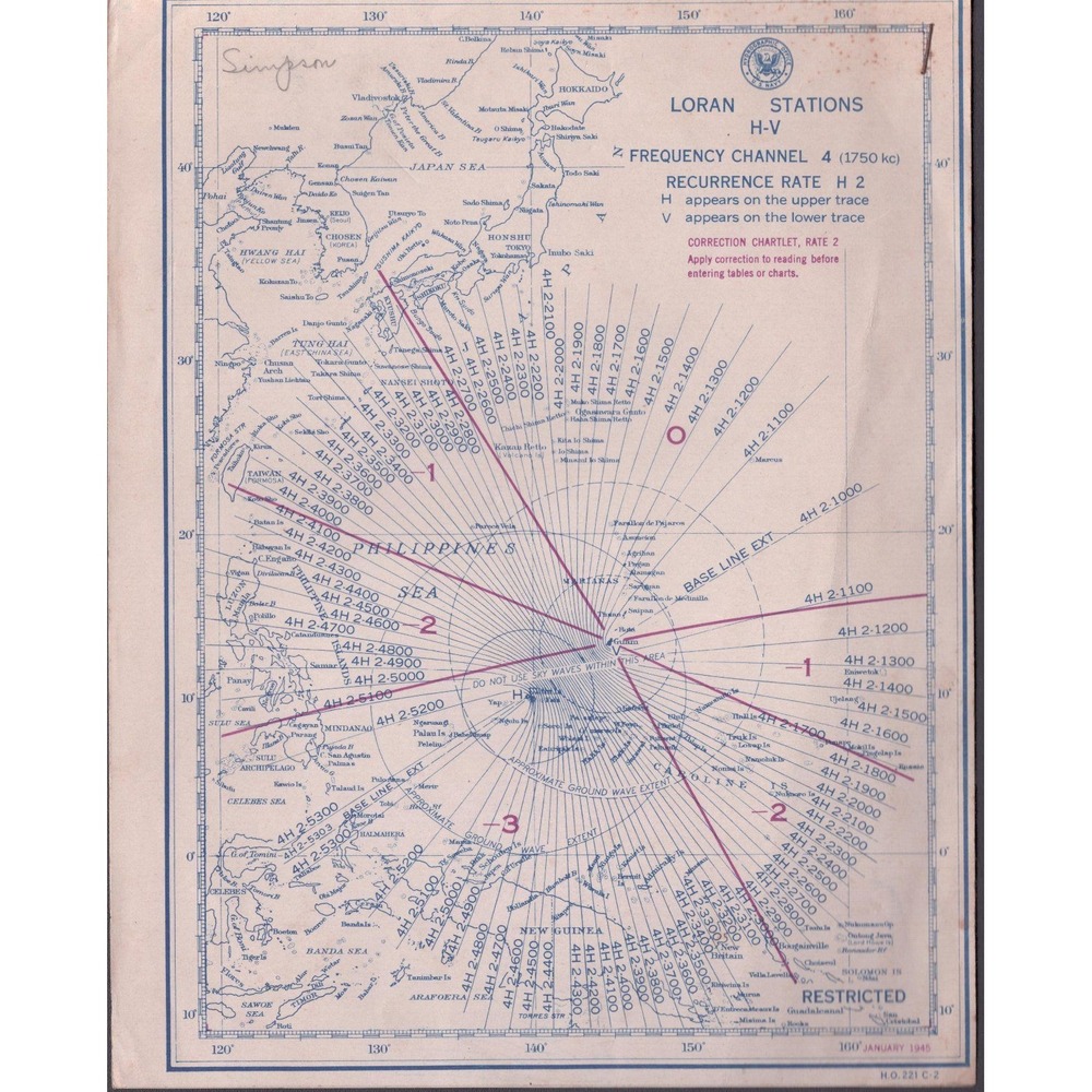 Vintage 1945 WWII US Navy LORAN Stations H-V Chart Pacific Japan Guam